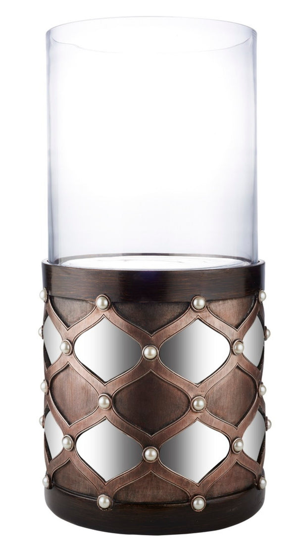 English Elm 31" Tall Hurricane Candleholder with Arabesque Mirrored Tiles and Pearl Espresso Column B072116553