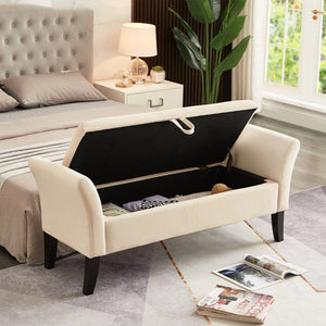 English Elm 51.5" Plush Velvet Bed Bench with Hidden Storage Chest, Upholstered Entryway Ottoman Seat Beige W1097104003