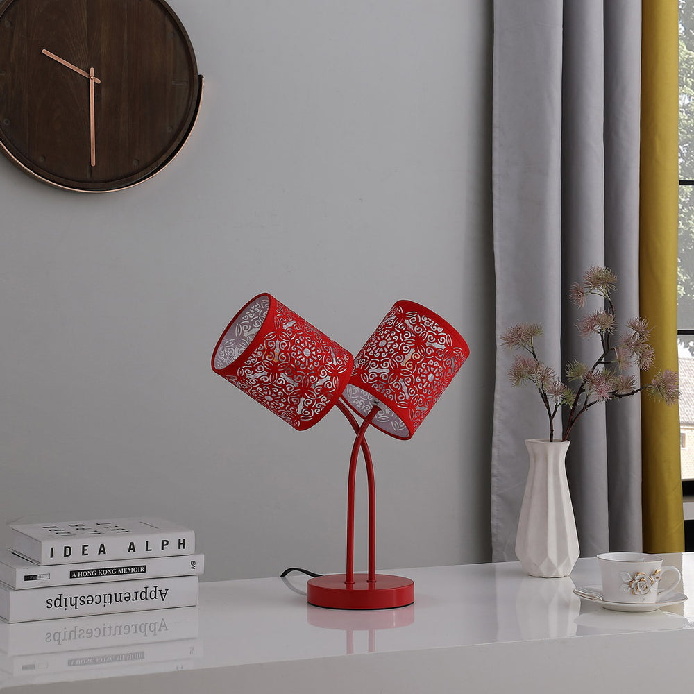 English Elm 17" Bohemian Paisley Red Metal 2-Light Table Lamp with Cotton-Linen Shades, Uno-Fitter, UL Listed B072116649