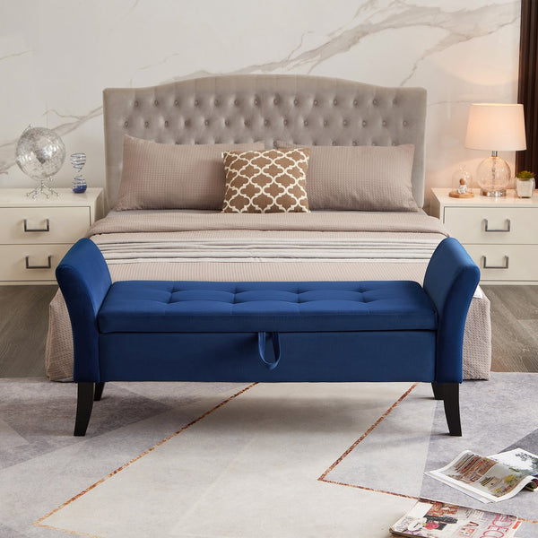English Elm 51.5" Plush Velvet Bed Bench with Hidden Storage Chest, Upholstered Entryway Ottoman Seat Navy Blue W1097104004