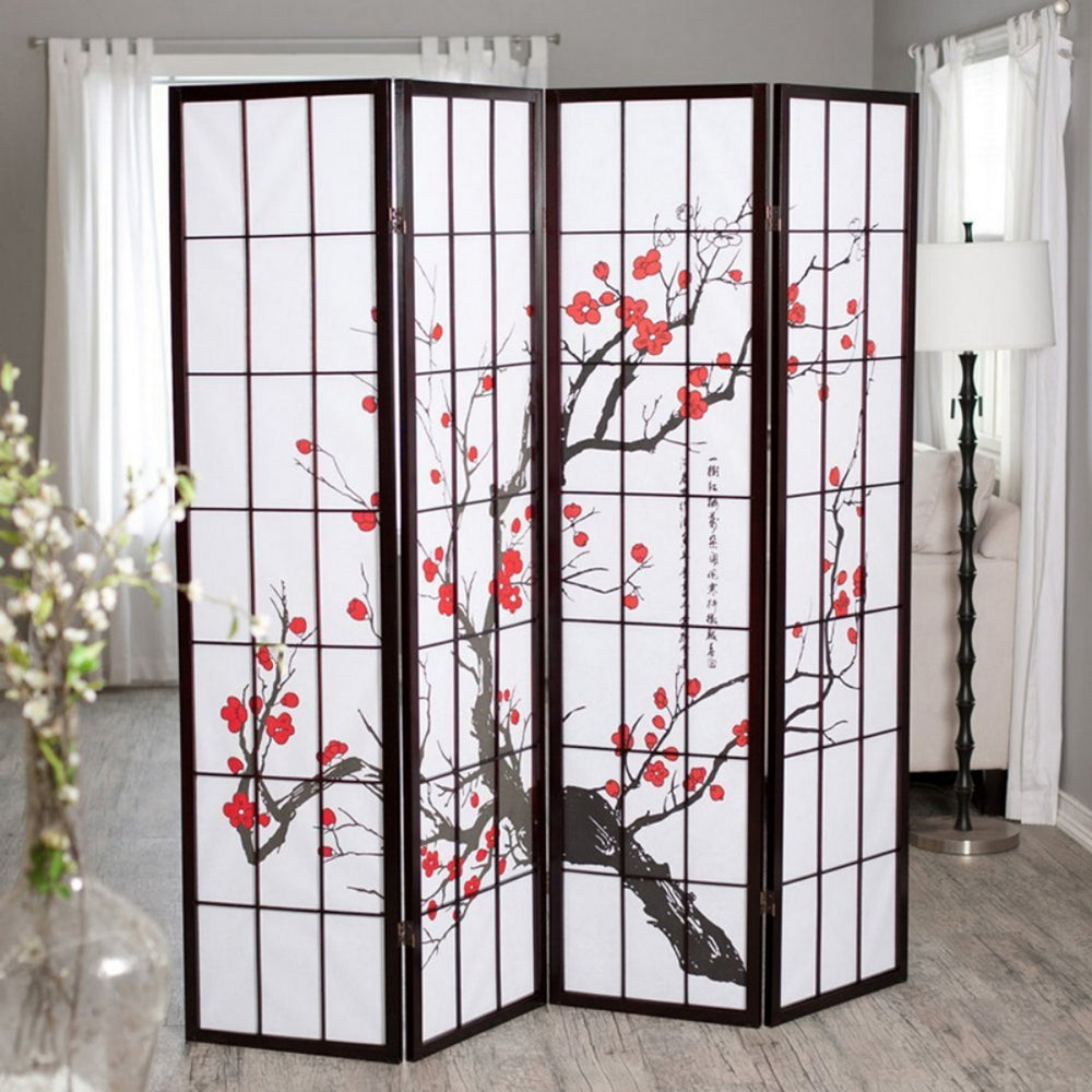 English Elm 70" Elegant 4-Panel Room Divider With Plum Blossom Design, Black Frame For Privacy & Style B072115960