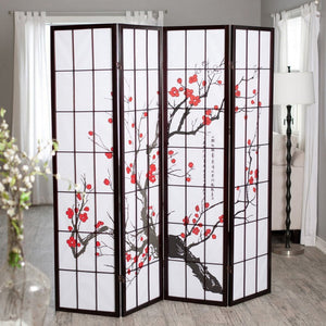English Elm 70" Elegant 4-Panel Room Divider With Plum Blossom Design, Black Frame For Privacy & Style B072115960