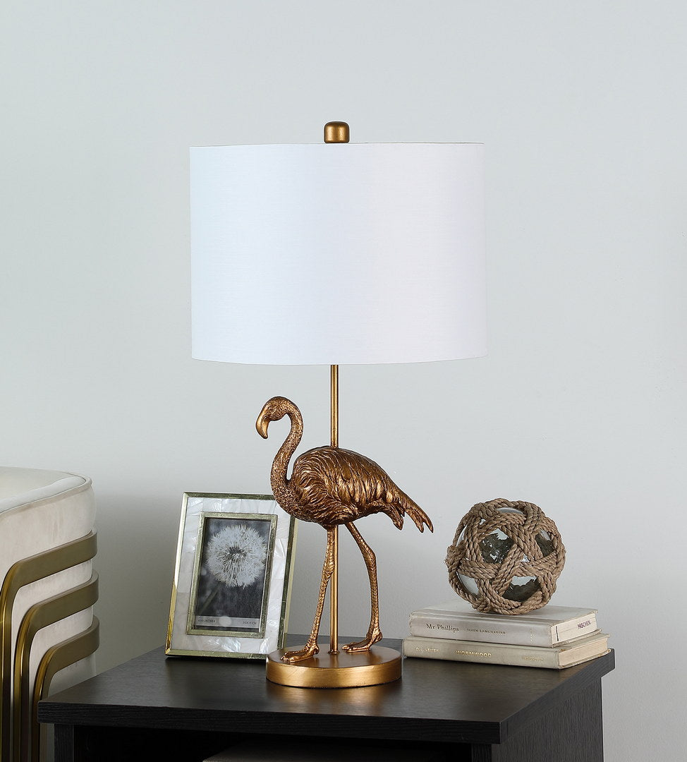 English Elm 26" Matte Gold Flamingo Resin Table Lamp with White Drum Shade, 26" Gold Polyresin Accent Light, UL Listed B072116342