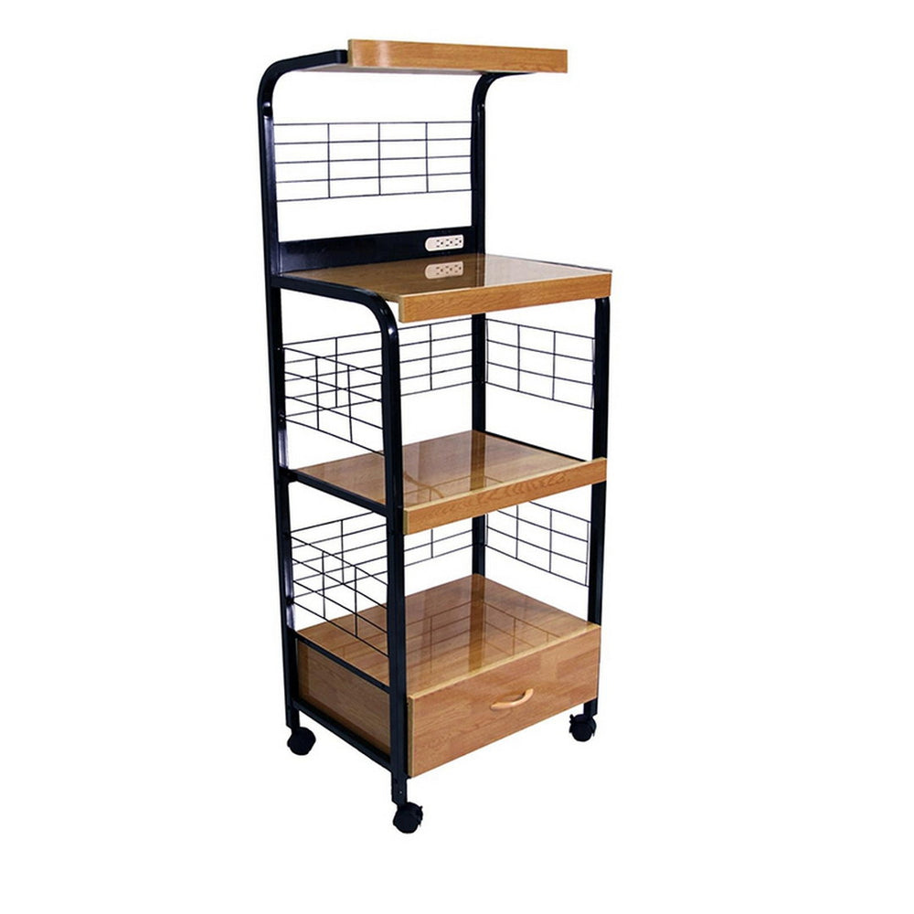 English Elm 59.5" Tall 4-Tier Microwave Kitchen Cart with Drawer, Wheels & Dual Outlets - Black/Natural Mobility and Storage B072115977