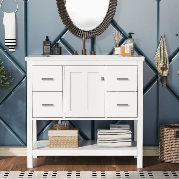 English Elm 36" White Oak Bathroom Vanity with Resin Sink Usb Charging and Three Drawers SV000009AAW
