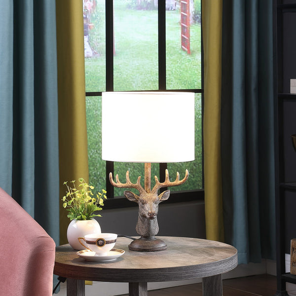 English Elm 18" Rustic Stag Elk Deer Bust Table Lamp in Antique Bronze Polyresin with Drum Shade, 18" Tall B072116625