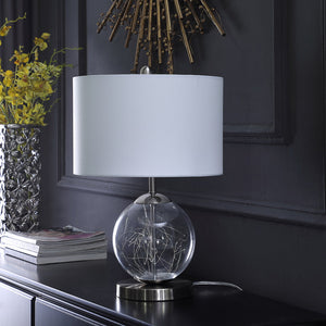 English Elm 20.5" Athena Glass LED Plasma Table Lamp, Mid-Century Silver Metal Base, White Drum Shade, UL Listed B072116586
