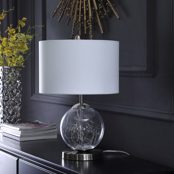 English Elm 20.5" Athena Glass LED Plasma Table Lamp, Mid-Century Silver Metal Base, White Drum Shade, UL Listed B072116586
