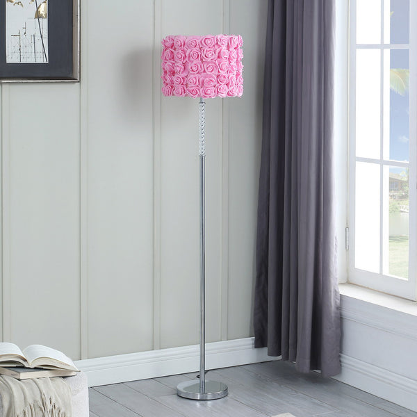 English Elm 63"In Pink Roses In Bloom Acrylic/Metal Floor Lamp with Twisted Clear Body, Chrome Base & Drum Shade B072116668