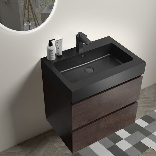 English Elm Alice 24" Walnut Bathroom Vanity - Modern Floating Design With Large Storage & Black Sink Basin W1865S00007
