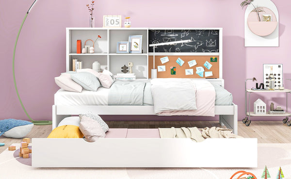 English Elm Twin Daybed with Trundle Shelves, Blackboard, Corkboard, USB Ports — Space-Saving White Pine Bedroom Hub GX000341AAK-1
