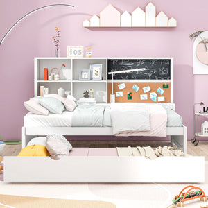 English Elm Twin Daybed with Trundle Shelves, Blackboard, Corkboard, USB Ports — Space-Saving White Pine Bedroom Hub GX000341AAK-1