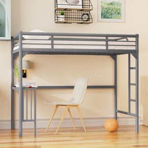 English Elm Twin Steel Loft Bed with Built-in Study Desk Ladder Guardrails Space-saving Silver Frame W1676105930