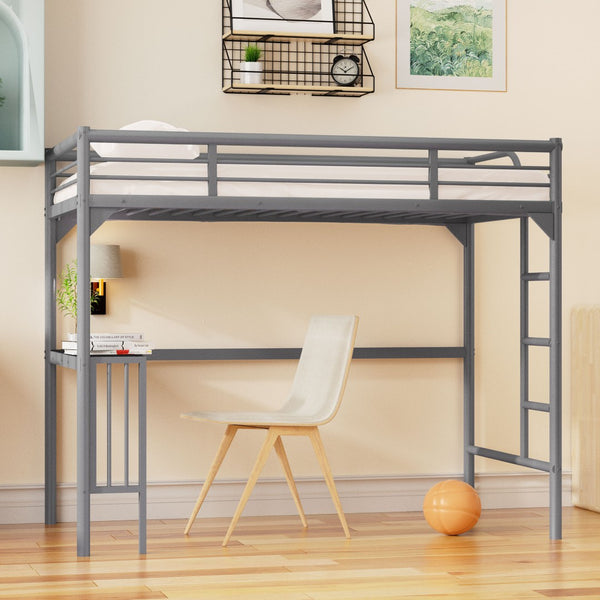 English Elm Twin Steel Loft Bed with Built-in Study Desk Ladder Guardrails Space-saving Silver Frame W1676105930