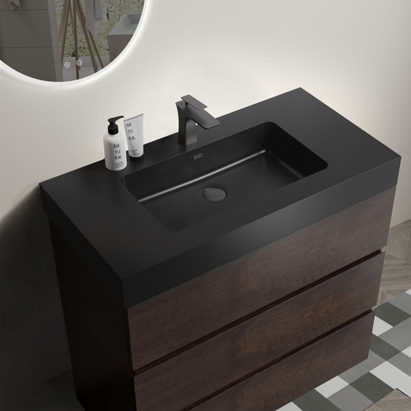 English Elm Alice 36" Walnut Bathroom Vanity With Black Sink, Freestanding Storage Unit For Modern Spaces W1865S00012