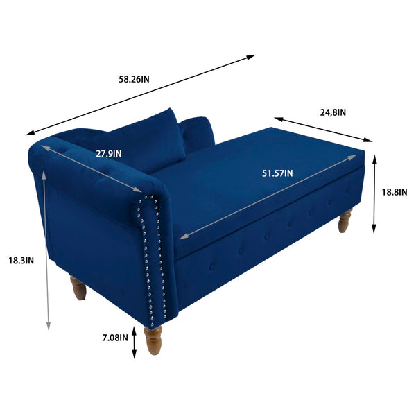 English Elm Navy Velvet Chaise Lounge with Hidden Storage Tufted Rolled Arm Nailhead Bedroom Chair Navy Blue W1170105033