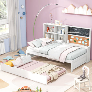 English Elm Twin Daybed with Trundle Shelves, Blackboard, Corkboard, USB Ports — Space-Saving White Pine Bedroom Hub GX000341AAK-1