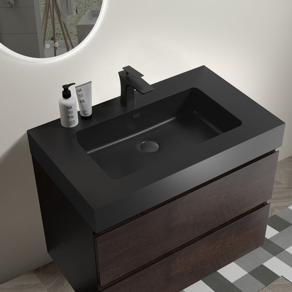 English Elm BB02-30-109, Integrated engineered quartz basin with overflow — sleek matte finish, durable modern bathroom centerpiece Matt Black W1865P321772