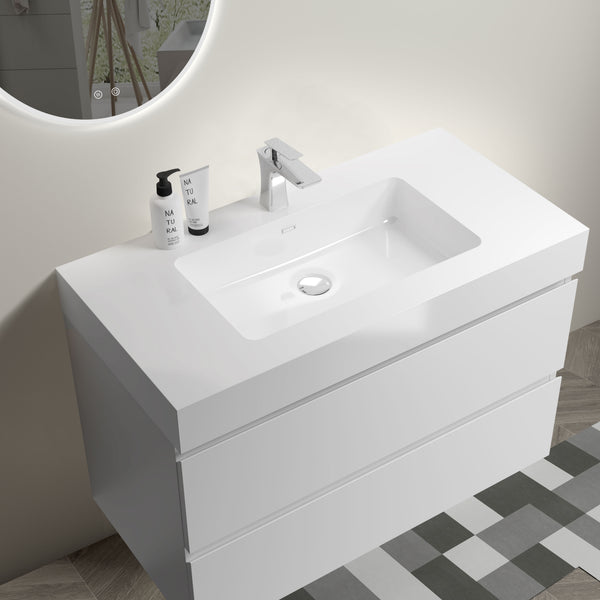 English Elm BB02-60-101, Glossy White Integrated Basin solid surface with overflow, seamless modern bathroom luxury W1865P405816