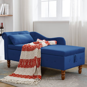 English Elm Navy Velvet Chaise Lounge with Hidden Storage Tufted Rolled Arm Nailhead Bedroom Chair Navy Blue W1170105033