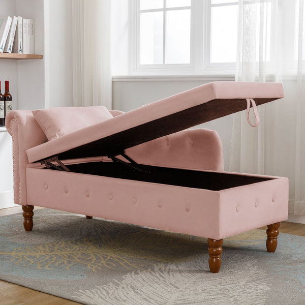 English Elm Navy Velvet Chaise Lounge with Hidden Storage Tufted Rolled Arm Nailhead Bedroom Chair Pink W1170105037
