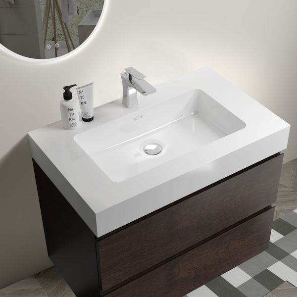 English Elm Alice Floating Bathroom Vanity Rosewood Finish Engineered Stone Basin Triple Drawer W1865S00236