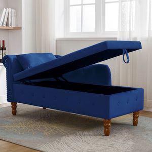 English Elm Navy Velvet Chaise Lounge with Hidden Storage Tufted Rolled Arm Nailhead Bedroom Chair Navy Blue W1170105033