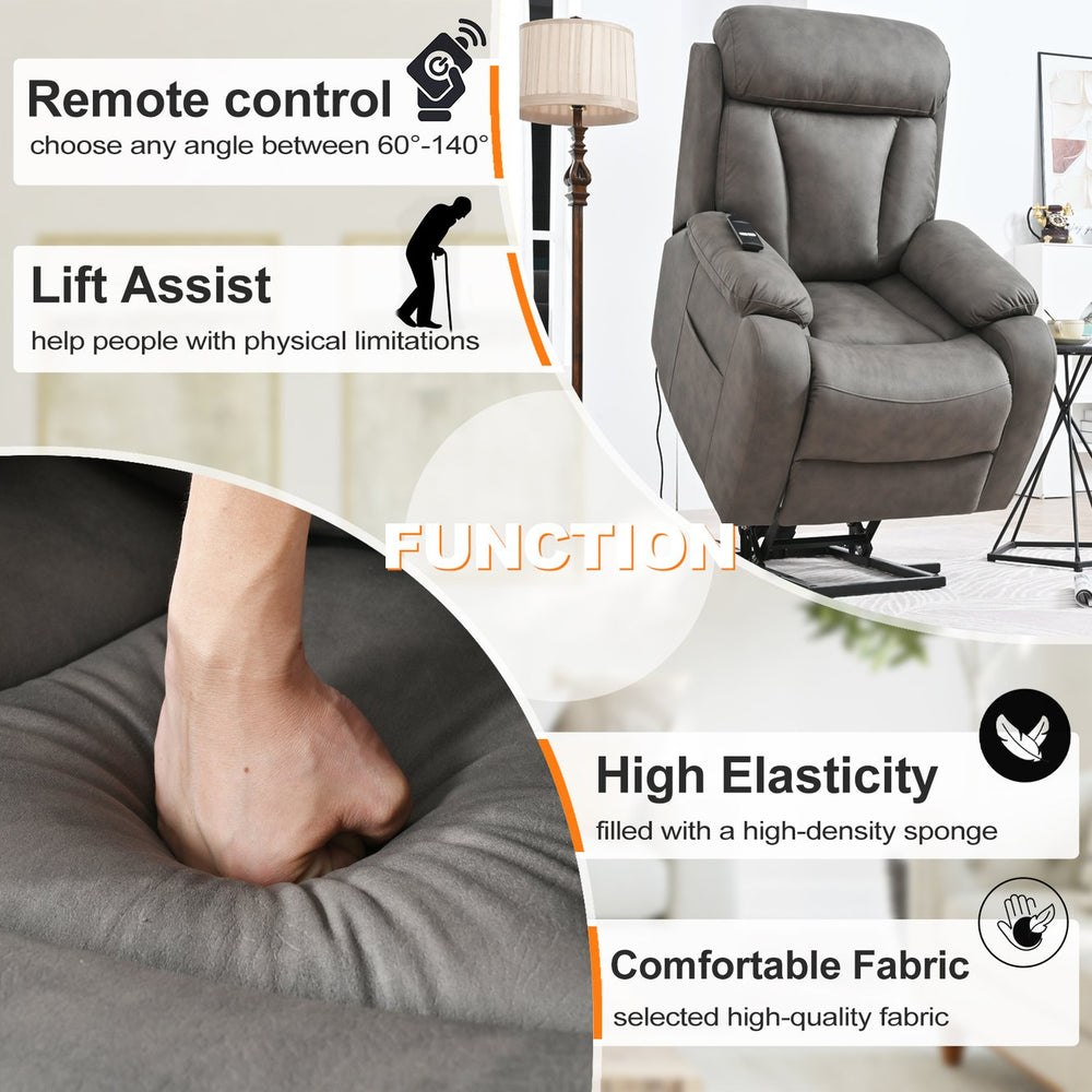 English Elm Lift Chair Recliner Plush Cashmere Fabric Power Lift with Remote, Padded Backseat, 330lb Capacity, Infinite Recline Dark Gray W1028S00032