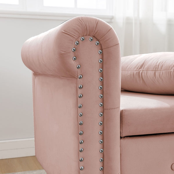 English Elm Navy Velvet Chaise Lounge with Hidden Storage Tufted Rolled Arm Nailhead Bedroom Chair Pink W1170105037