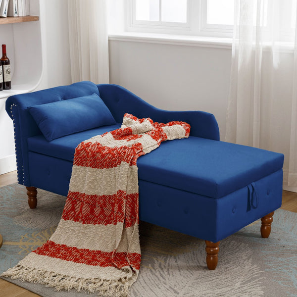English Elm Navy Velvet Chaise Lounge with Hidden Storage Tufted Rolled Arm Nailhead Bedroom Chair Navy Blue W1170105033