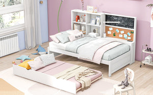 English Elm Twin Daybed with Trundle Shelves, Blackboard, Corkboard, USB Ports — Space-Saving White Pine Bedroom Hub GX000341AAK-1