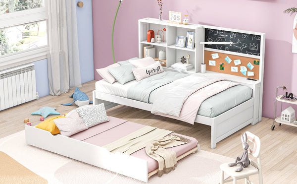 English Elm Twin Daybed with Trundle Shelves, Blackboard, Corkboard, USB Ports — Space-Saving White Pine Bedroom Hub GX000341AAK-1