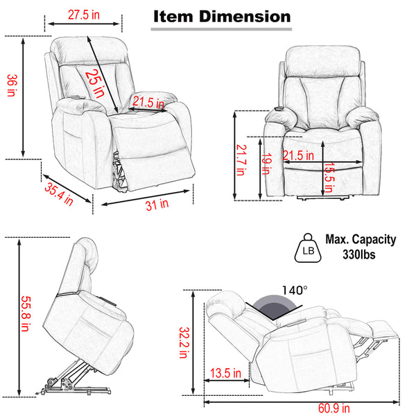 English Elm Lift Chair Recliner Plush Cashmere Fabric Power Lift with Remote, Padded Backseat, 330lb Capacity, Infinite Recline Dark Gray W1028S00032