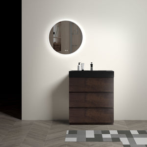 English Elm Alice 30" Walnut Bathroom Vanity With Soft-Close Drawers, Modern Black Sink, & Ample Storage Solutions W1865S00011