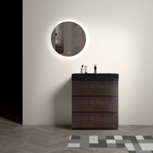 English Elm Alice 30" Walnut Bathroom Vanity With Soft-Close Drawers, Modern Black Sink, & Ample Storage Solutions W1865S00011