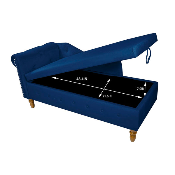English Elm Navy Velvet Chaise Lounge with Hidden Storage Tufted Rolled Arm Nailhead Bedroom Chair Navy Blue W1170105033