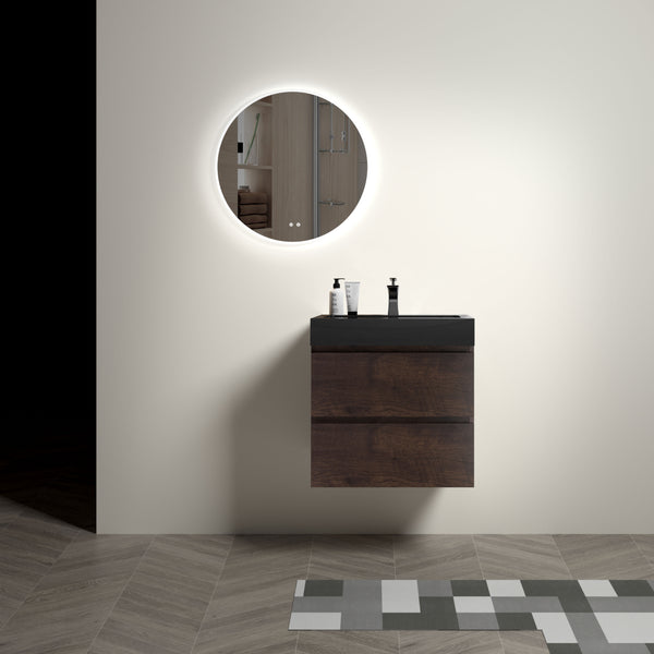 English Elm Alice 24" Walnut Bathroom Vanity - Modern Floating Design With Large Storage & Black Sink Basin W1865S00007