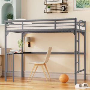 English Elm Twin Steel Loft Bed with Built-in Study Desk Ladder Guardrails Space-saving Silver Frame W1676105930