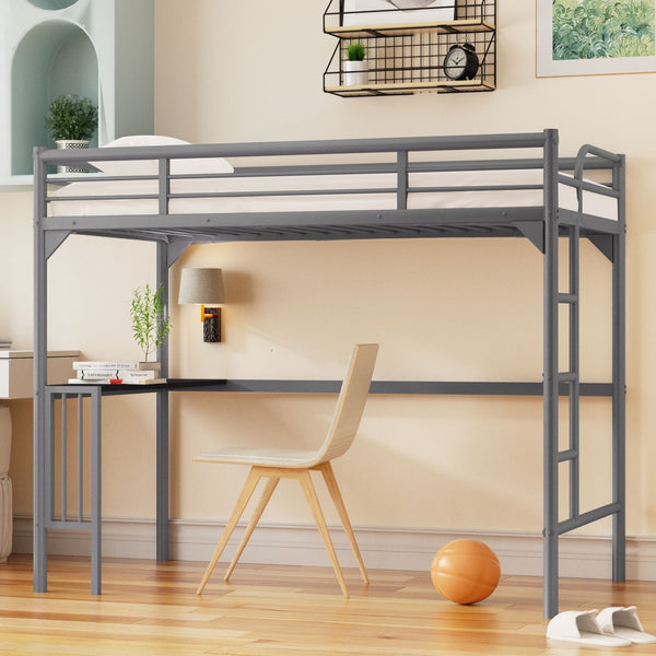 English Elm Twin Steel Loft Bed with Built-in Study Desk Ladder Guardrails Space-saving Silver Frame W1676105930