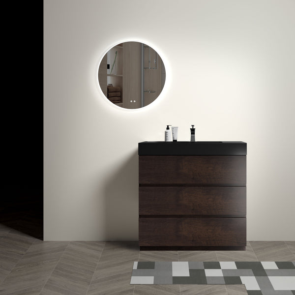 English Elm Alice 36" Walnut Bathroom Vanity With Black Sink, Freestanding Storage Unit For Modern Spaces W1865S00012