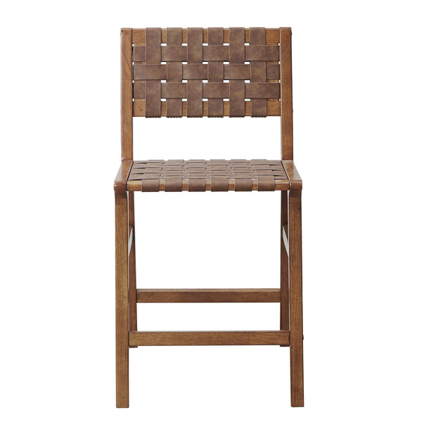 English Elm Faux Leather Woven Counter Stool Oslo — Mid-Century Pecan Wood Frame, Durable PU Blend Seat, 24"H Comfortable B035118570
