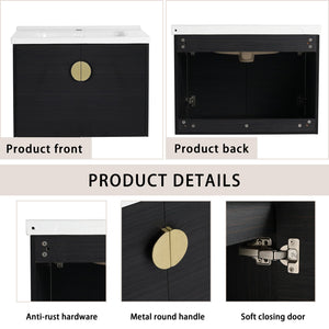 English Elm 28 Inch Wall-Mounted Bathroom Vanity with Ceramic Sink, Soft-Close Doors, Metal Handles, Water-Resistant Plywood Storage (KD) W999111976