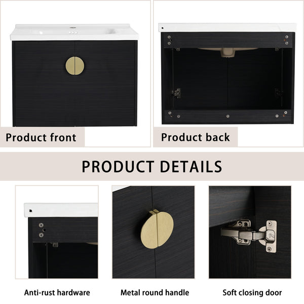 English Elm 28 Inch Wall-Mounted Bathroom Vanity with Ceramic Sink, Soft-Close Doors, Metal Handles, Water-Resistant Plywood Storage (KD) W999111976
