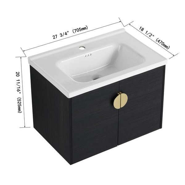 English Elm 28 Inch Wall-Mounted Bathroom Vanity with Ceramic Sink, Soft-Close Doors, Metal Handles, Water-Resistant Plywood Storage (KD) W999111976