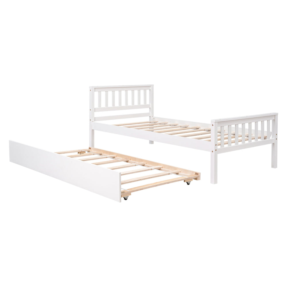 English Elm Twin Bed with Trundle Platform Frame Headboard & Footboard for Small Spaces, Solid Pine Design, No Box Spring Needed White W50422211