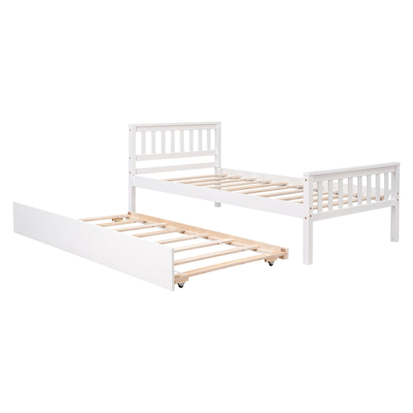 English Elm Twin Bed with Trundle Platform Frame Headboard & Footboard for Small Spaces, Solid Pine Design, No Box Spring Needed White W50422211
