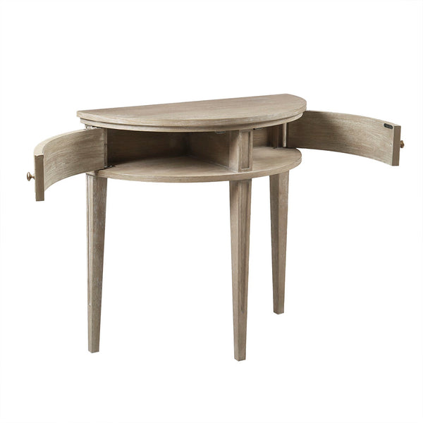 English Elm Storage Console Table Demilune 31" Vintage Reclaimed Greige Console with Fluted Doors & Bronze Knobs B035118619