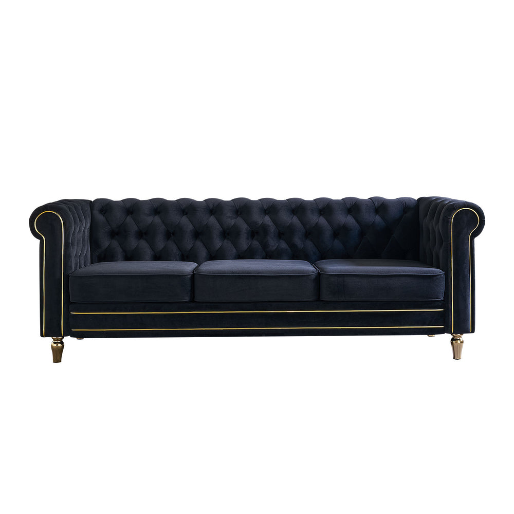 English Elm Chesterfield Velvet Sofa 84.65" Rolled Arm Deep Tufting Gold Trim & Feet Luxurious Black Comfort W57991500
