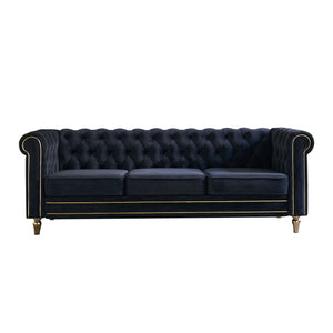 English Elm Chesterfield Velvet Sofa 84.65" Rolled Arm Deep Tufting Gold Trim & Feet Luxurious Black Comfort W57991500