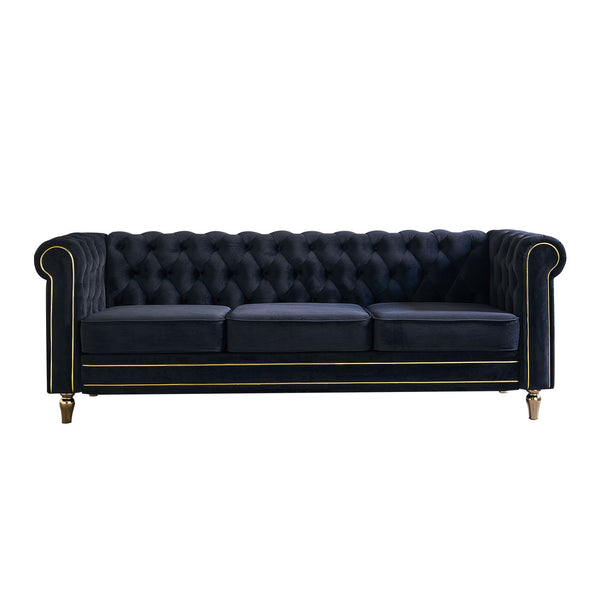 English Elm Chesterfield Velvet Sofa 84.65" Rolled Arm Deep Tufting Gold Trim & Feet Luxurious Black Comfort W57991500